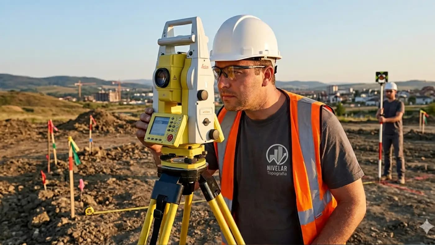 Nivelar Topografia em campo: levantamento topográfico e contexto de obra com medição técnica.